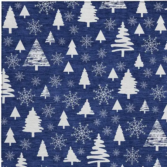 Navy Blue And Ivory Botanical Leaves Washable Indoor Outdoor Area Rug Photo 3