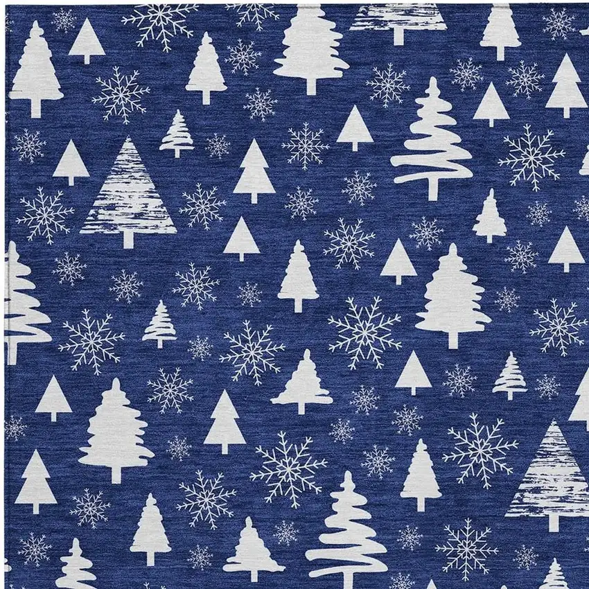 Navy Blue And Ivory Botanical Leaves Washable Indoor Outdoor Area Rug Photo 3