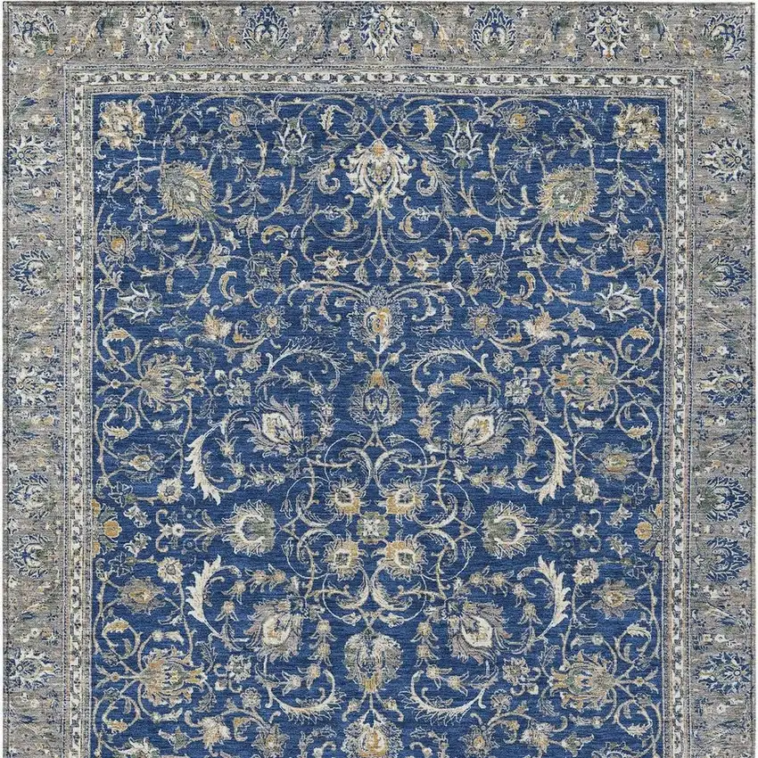 Navy Blue And Ivory Botanical Leaves Washable Indoor Outdoor Area Rug Photo 3