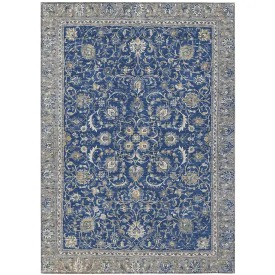 Navy Blue And Ivory Botanical Leaves Washable Indoor Outdoor Area Rug Photo 1