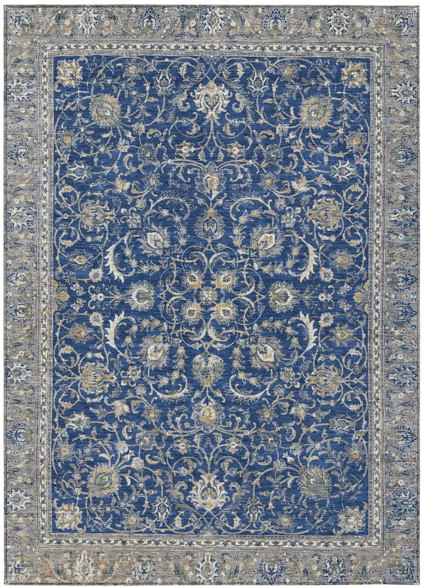 Navy Blue And Ivory Botanical Leaves Washable Indoor Outdoor Area Rug Photo 1