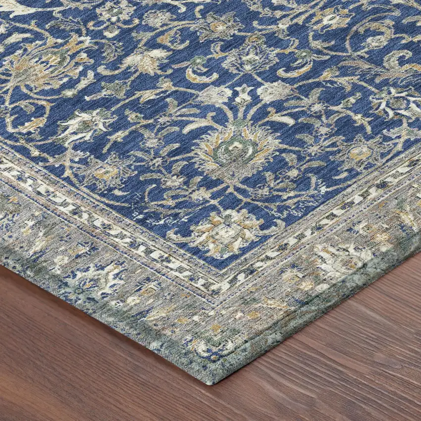 Navy Blue And Ivory Botanical Leaves Washable Indoor Outdoor Area Rug Photo 4