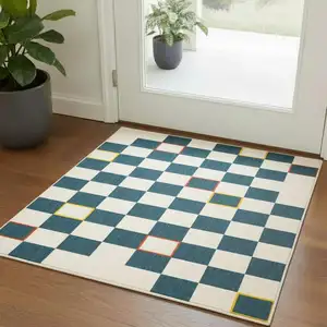 Photo of Navy Blue And Ivory Checkered Square Rug