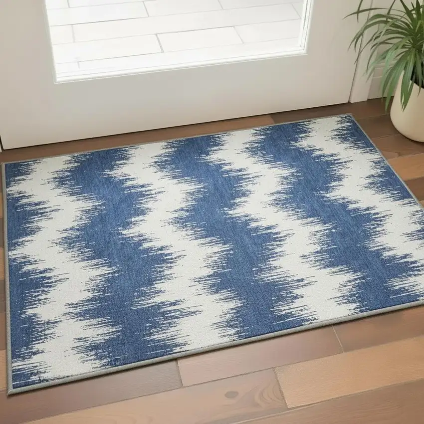 Navy Blue And Ivory Chevron Washable Area Rug With UV Protection Photo 2