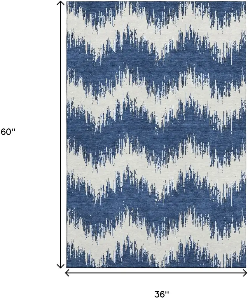 Navy Blue And Ivory Chevron Washable Area Rug With UV Protection Photo 3