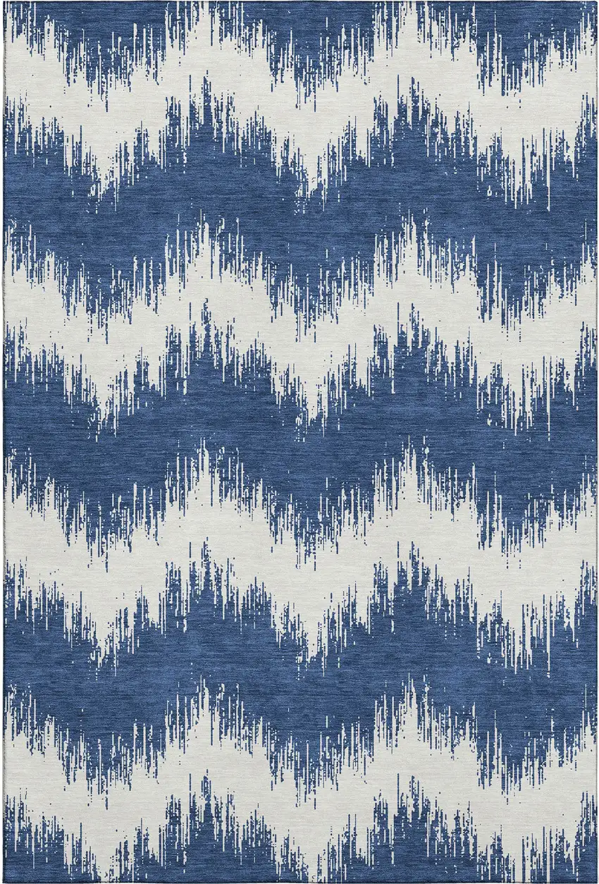 Navy Blue And Ivory Chevron Washable Area Rug With UV Protection Photo 1