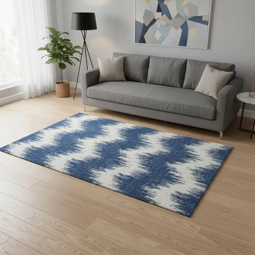 Navy Blue And Ivory Chevron Washable Area Rug With UV Protection Photo 2