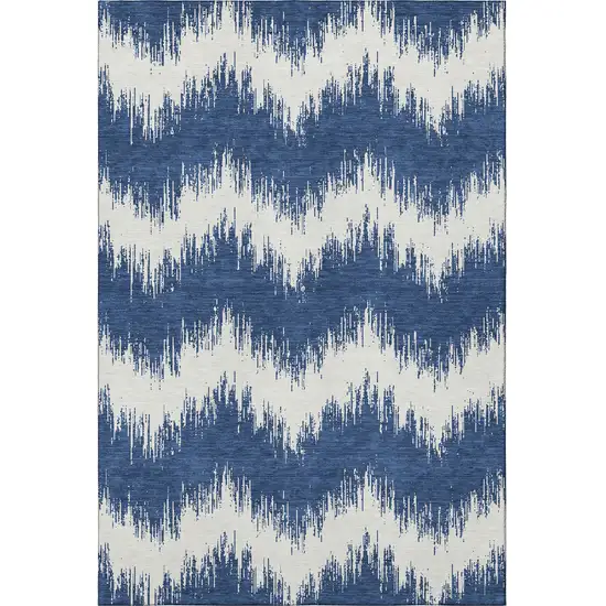 Navy Blue And Ivory Chevron Washable Area Rug With UV Protection Photo 4