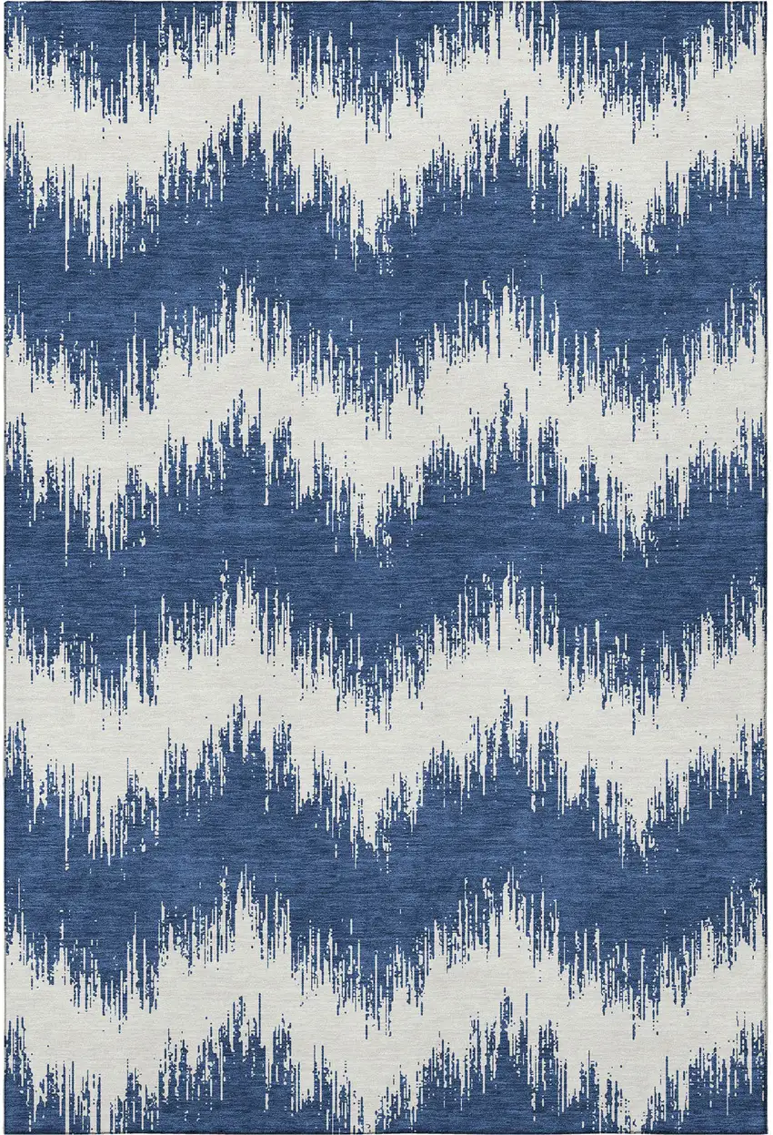 Navy Blue And Ivory Chevron Washable Area Rug With UV Protection Photo 4