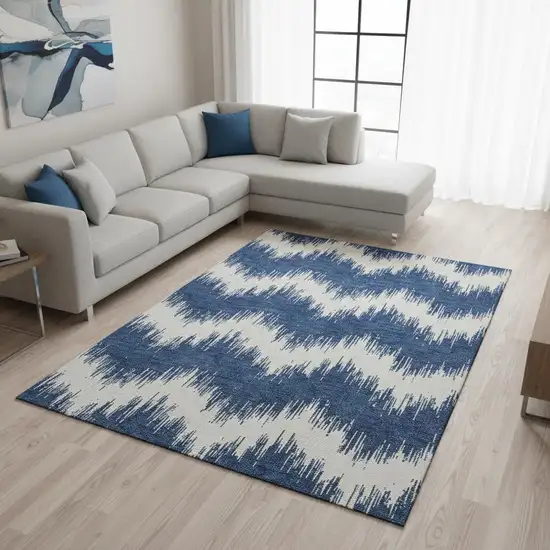 Navy Blue And Ivory Chevron Washable Area Rug With UV Protection Photo 2