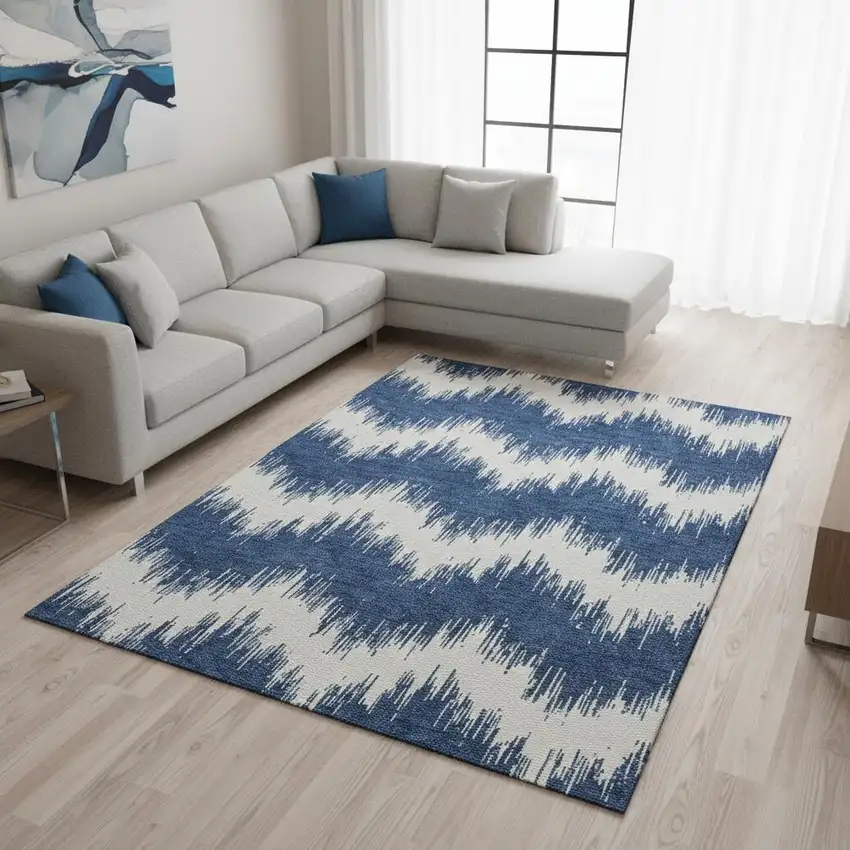 Navy Blue And Ivory Chevron Washable Area Rug With UV Protection Photo 2