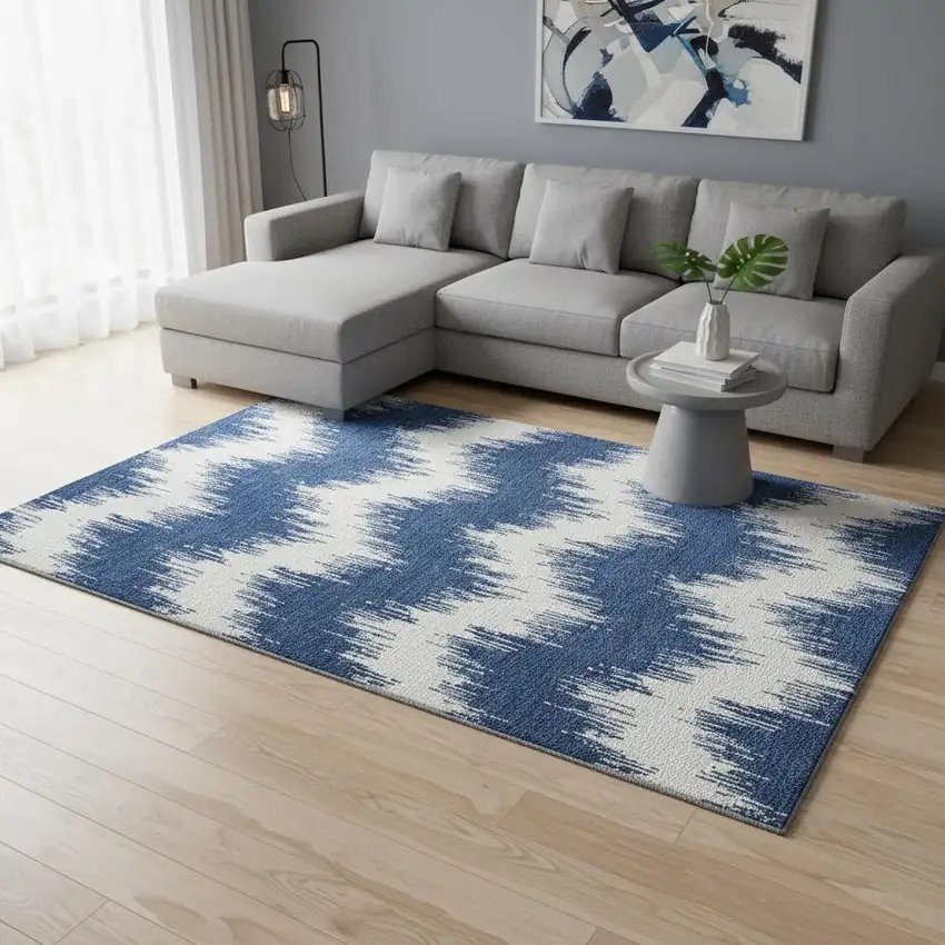 Navy Blue And Ivory Chevron Washable Area Rug With UV Protection Photo 2