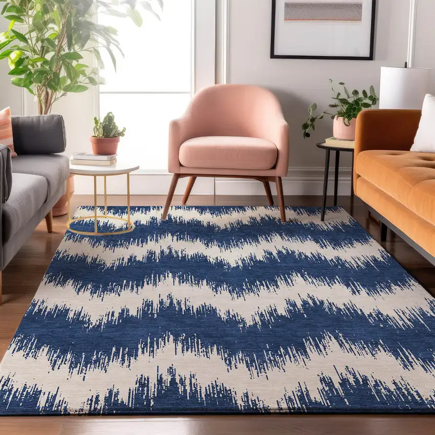 Navy Blue And Ivory Chevron Washable Area Rug With UV Protection Photo 5