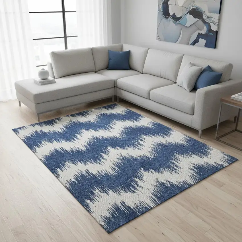 Navy Blue And Ivory Chevron Washable Area Rug With UV Protection Photo 2