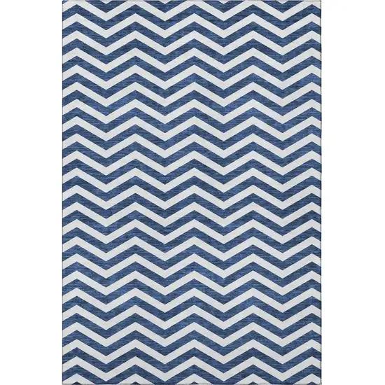 Navy Blue And Ivory Chevron Washable Area Rug With UV Protection Photo 4