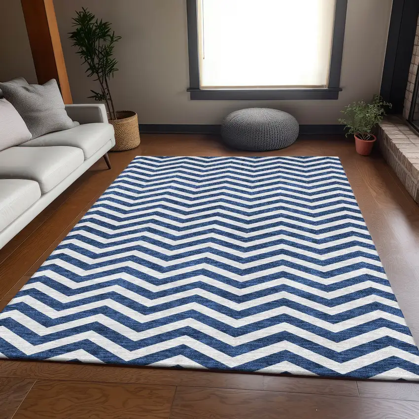 Navy Blue And Ivory Chevron Washable Area Rug With UV Protection Photo 6