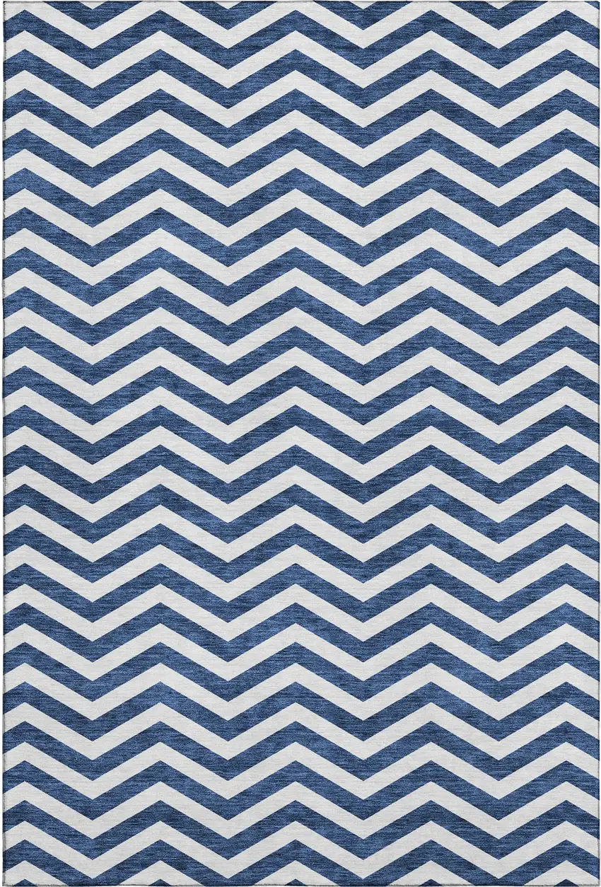 Navy Blue And Ivory Chevron Washable Area Rug With UV Protection Photo 1