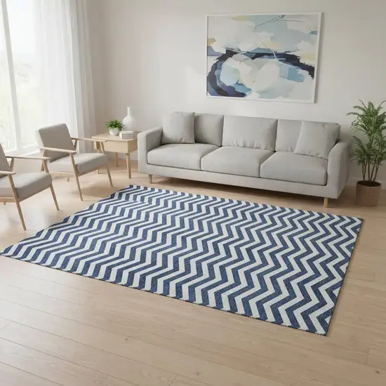 Navy Blue And Ivory Chevron Washable Area Rug With UV Protection Photo 2