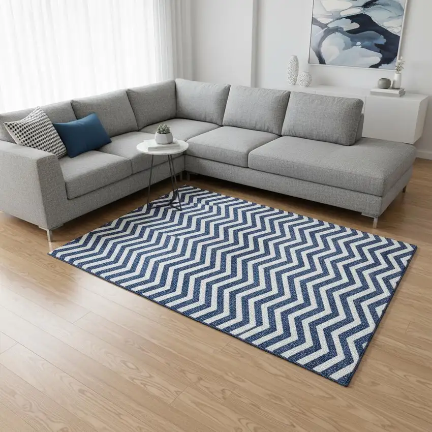 Navy Blue And Ivory Chevron Washable Area Rug With UV Protection Photo 2