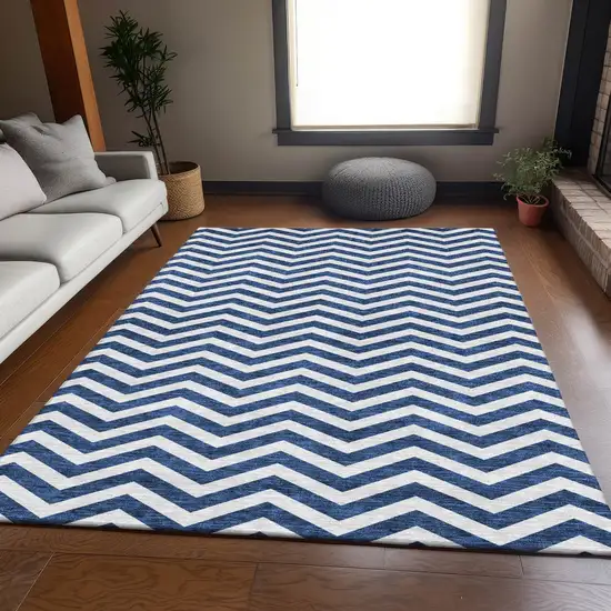 Navy Blue And Ivory Chevron Washable Area Rug With UV Protection Photo 6