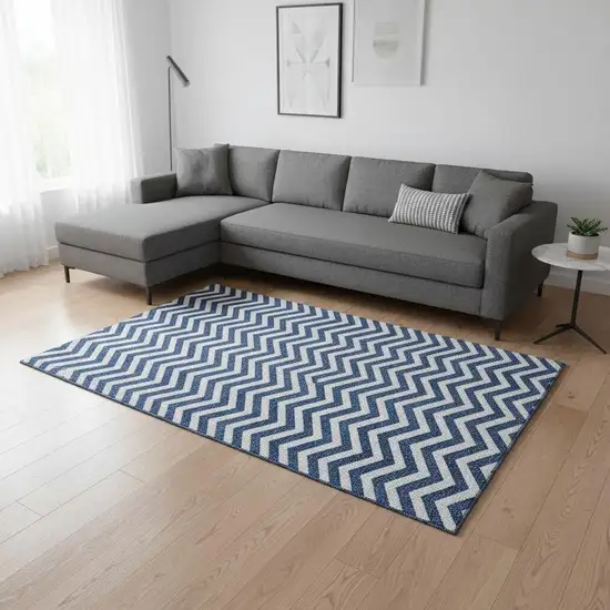Navy Blue And Ivory Chevron Washable Area Rug With UV Protection Photo 2
