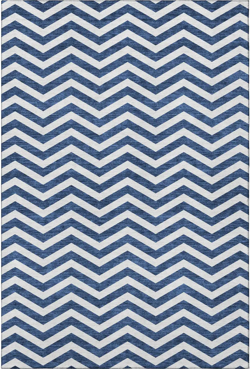 Navy Blue And Ivory Chevron Washable Area Rug With UV Protection Photo 4