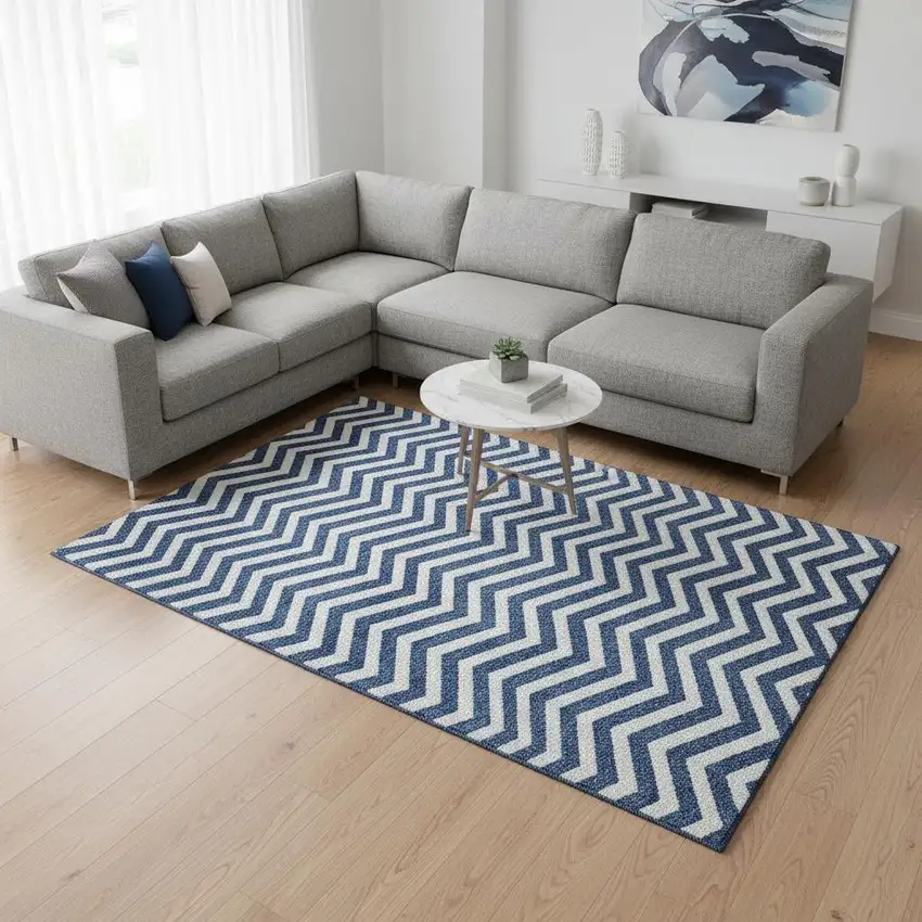 Navy Blue And Ivory Chevron Washable Area Rug With UV Protection Photo 2