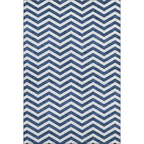 Navy Blue And Ivory Chevron Washable Area Rug With UV Protection Photo 1
