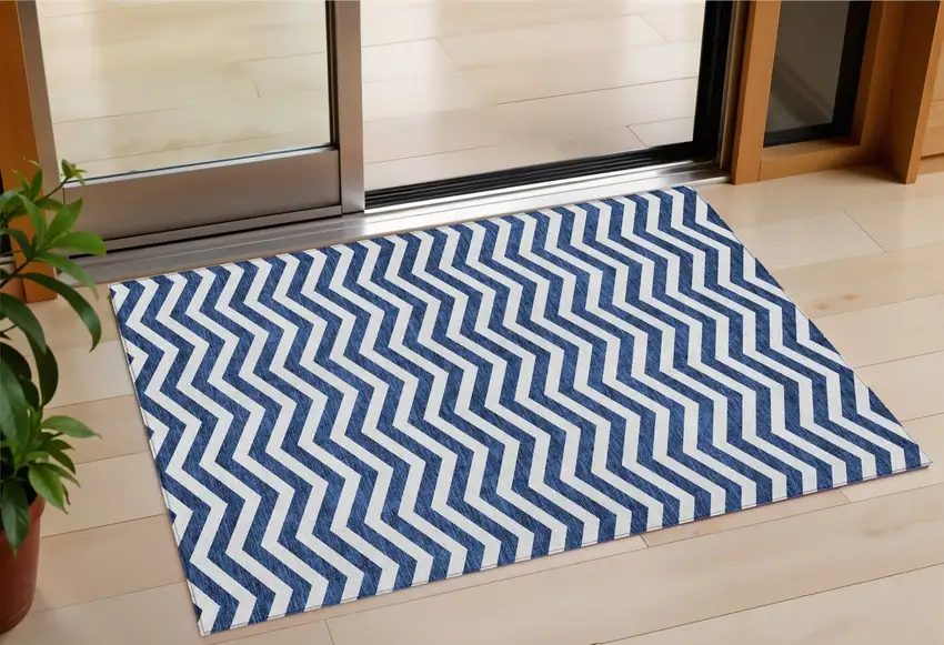 Navy Blue And Ivory Chevron Washable Indoor Outdoor Area Rug Photo 1