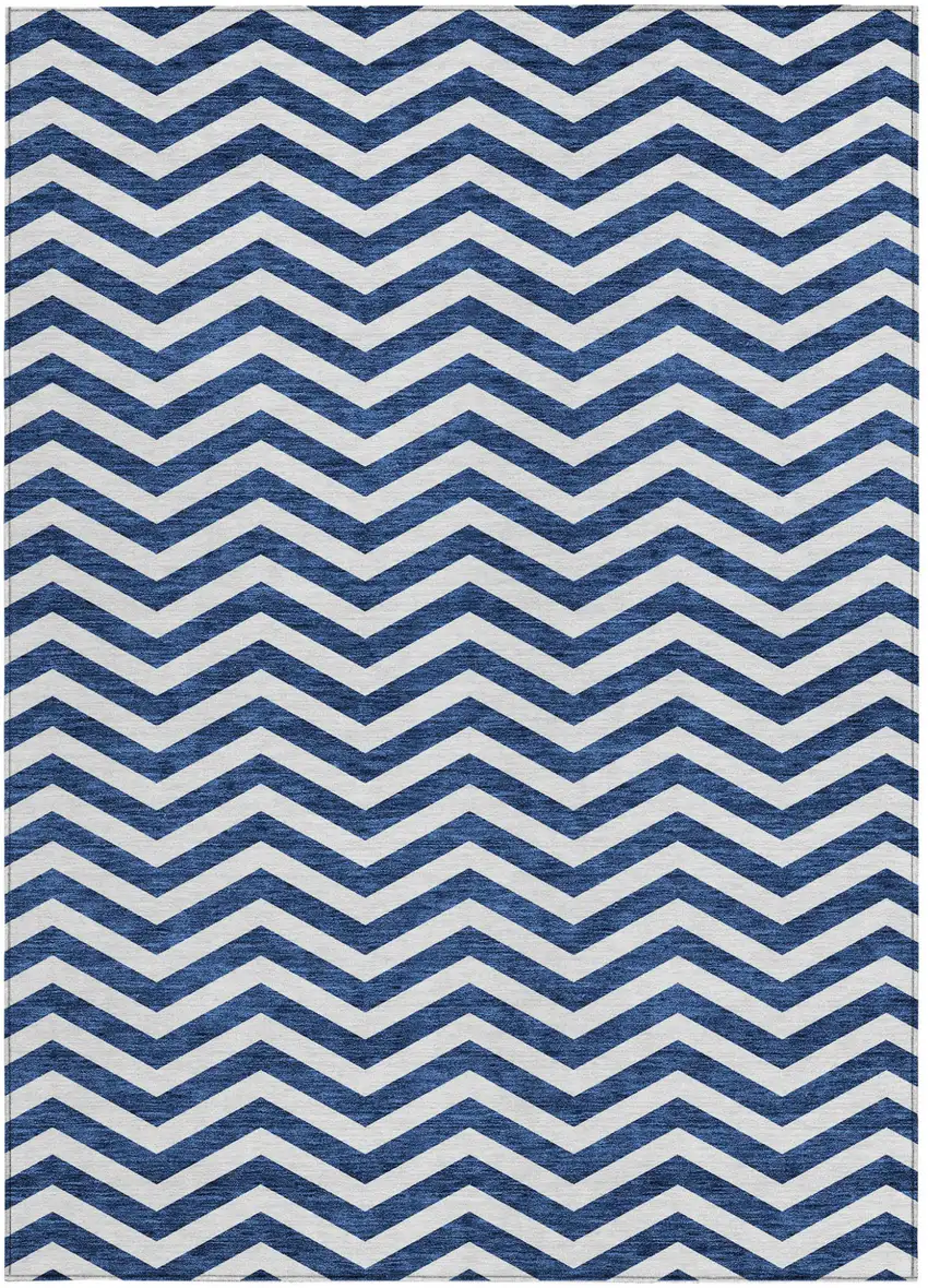 Navy Blue And Ivory Chevron Washable Indoor Outdoor Area Rug Photo 8