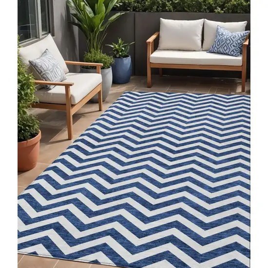 Navy Blue And Ivory Chevron Washable Indoor Outdoor Area Rug Photo 1