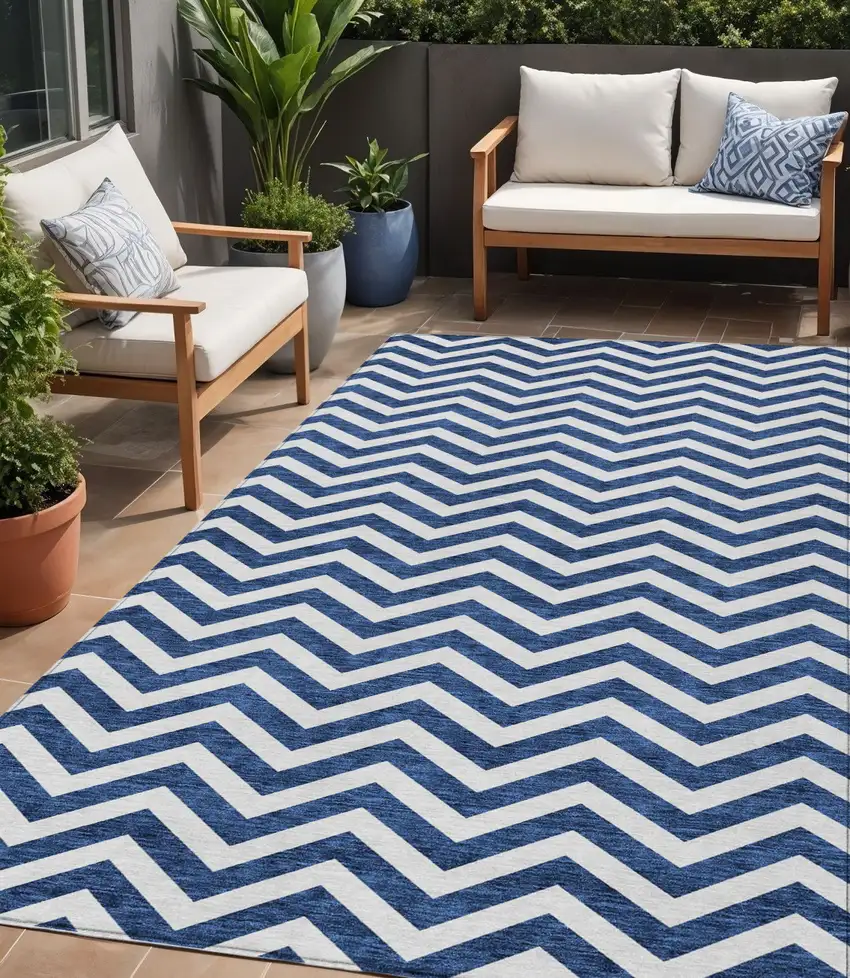 Navy Blue And Ivory Chevron Washable Indoor Outdoor Area Rug Photo 1