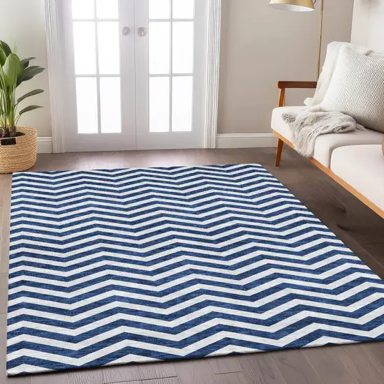 Navy Blue And Ivory Chevron Washable Indoor Outdoor Area Rug Photo 9