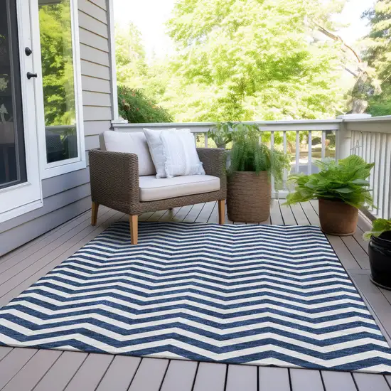 Navy Blue And Ivory Chevron Washable Indoor Outdoor Area Rug Photo 9