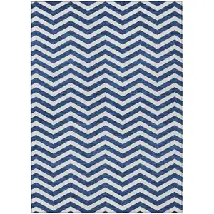 Photo of Navy Blue And Ivory Chevron Washable Indoor Outdoor Area Rug