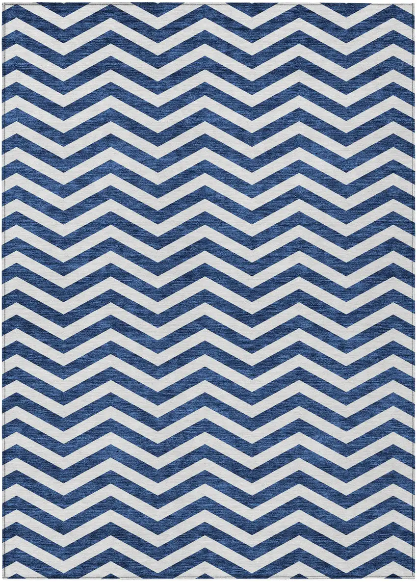 Navy Blue And Ivory Chevron Washable Indoor Outdoor Area Rug Photo 2