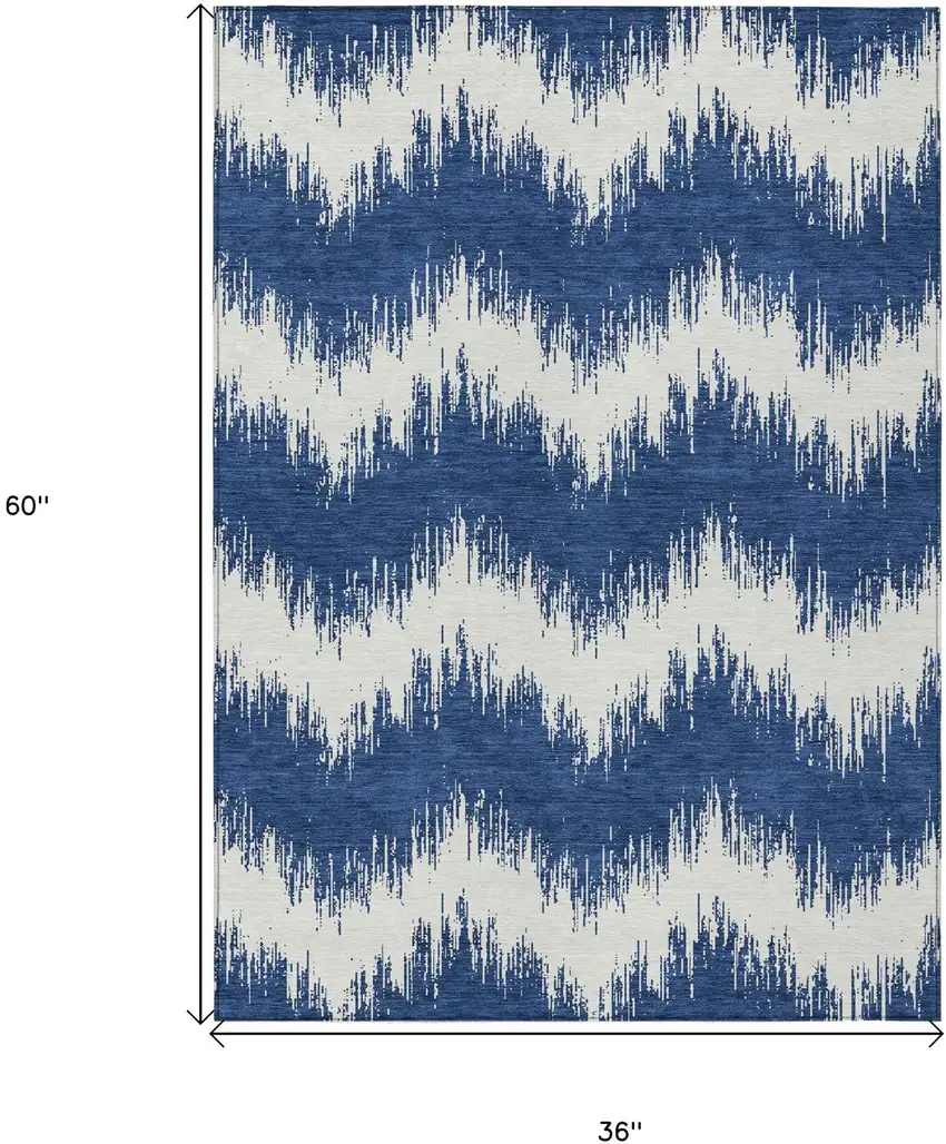 Navy Blue And Ivory Chevron Washable Indoor Outdoor Area Rug Photo 3