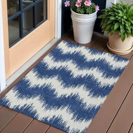 Navy Blue And Ivory Chevron Washable Indoor Outdoor Area Rug Photo 1
