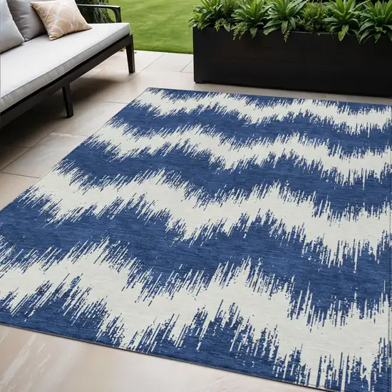 Navy Blue And Ivory Chevron Washable Indoor Outdoor Area Rug Photo 1