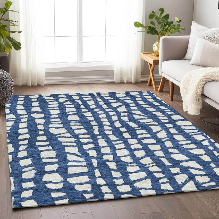 Navy Blue And Ivory Cobblestone Washable Area Rug With UV Protection Photo 5