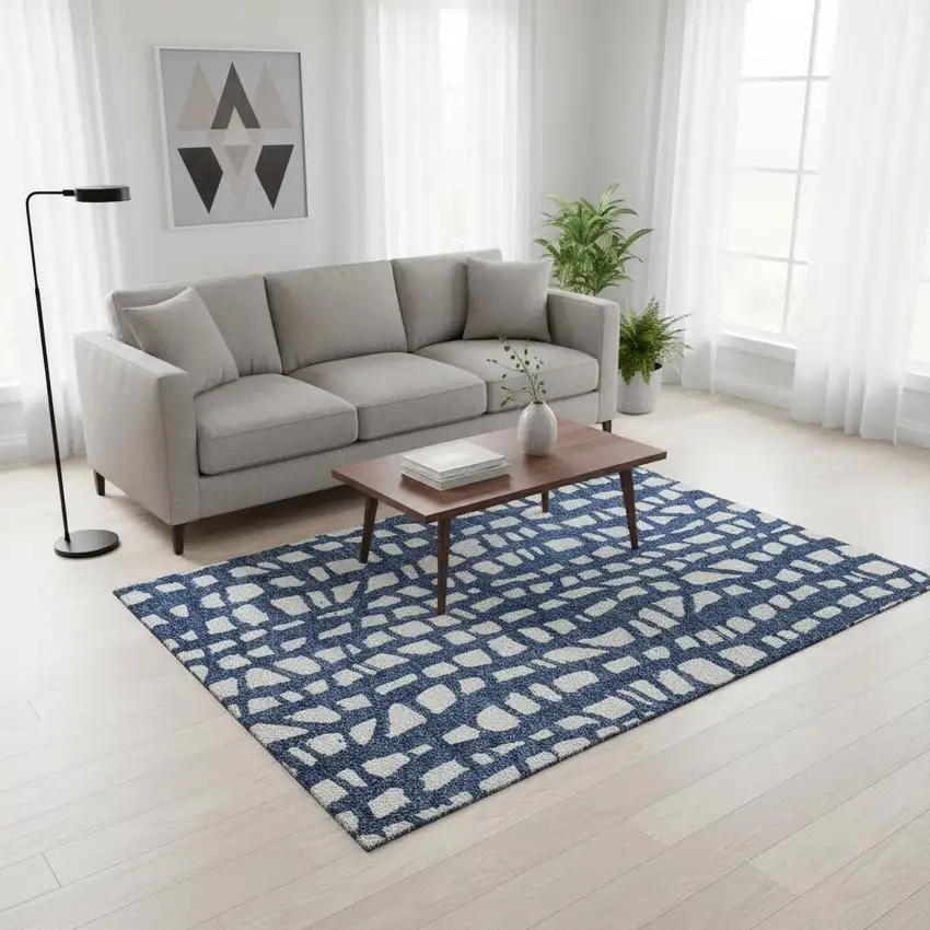 Navy Blue And Ivory Cobblestone Washable Area Rug With UV Protection Photo 2