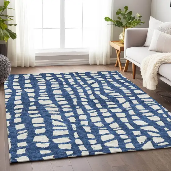 Navy Blue And Ivory Cobblestone Washable Area Rug With UV Protection Photo 5