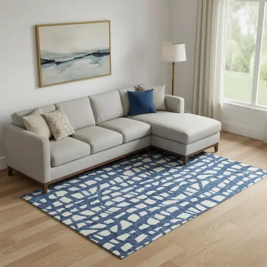 Navy Blue And Ivory Cobblestone Washable Area Rug With UV Protection Photo 1