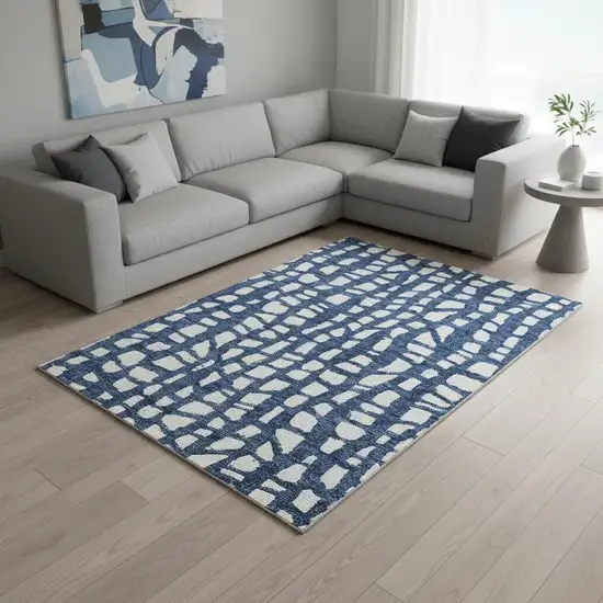 Navy Blue And Ivory Cobblestone Washable Area Rug With UV Protection Photo 2