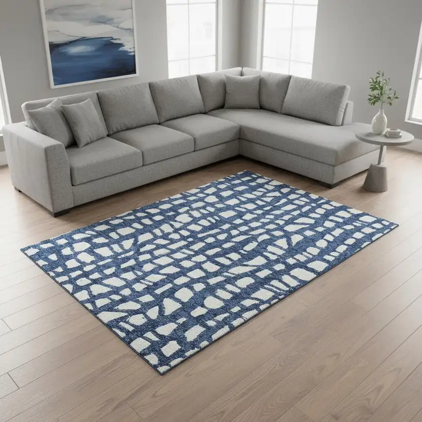 Navy Blue And Ivory Cobblestone Washable Area Rug With UV Protection Photo 2