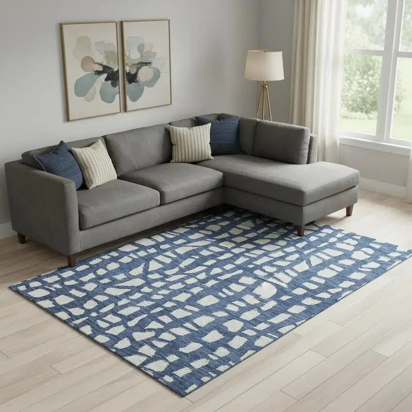 Navy Blue And Ivory Cobblestone Washable Area Rug With UV Protection Photo 1