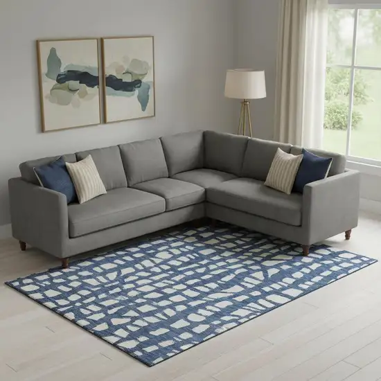 Navy Blue And Ivory Cobblestone Washable Area Rug With UV Protection Photo 1