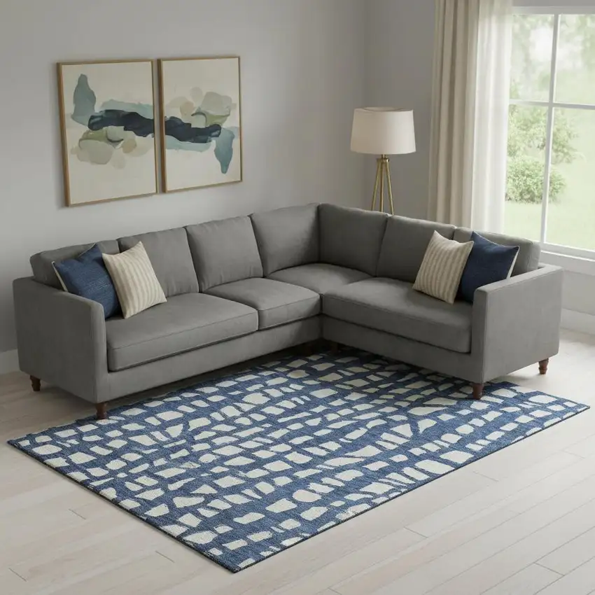 Navy Blue And Ivory Cobblestone Washable Area Rug With UV Protection Photo 1