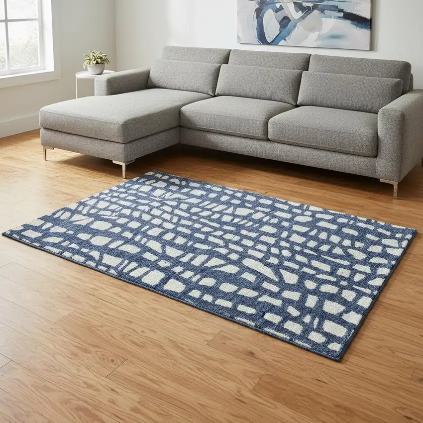 Navy Blue And Ivory Cobblestone Washable Area Rug With UV Protection Photo 2