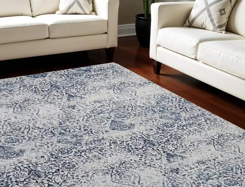 Navy Blue And Ivory Damask Distressed Area Rug Photo 2